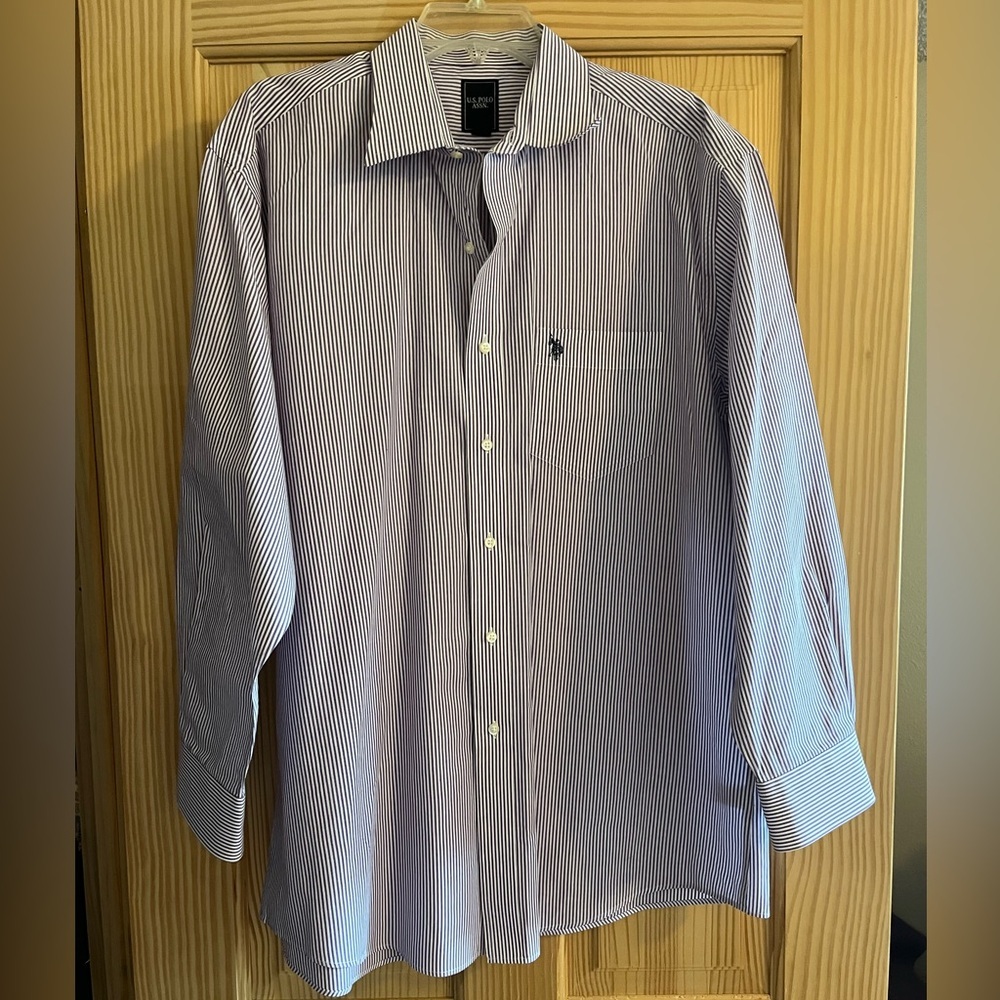 US Polo Assn. Men’s Purple and White Stripped Long Sleeve Button Shirt‎ Size L